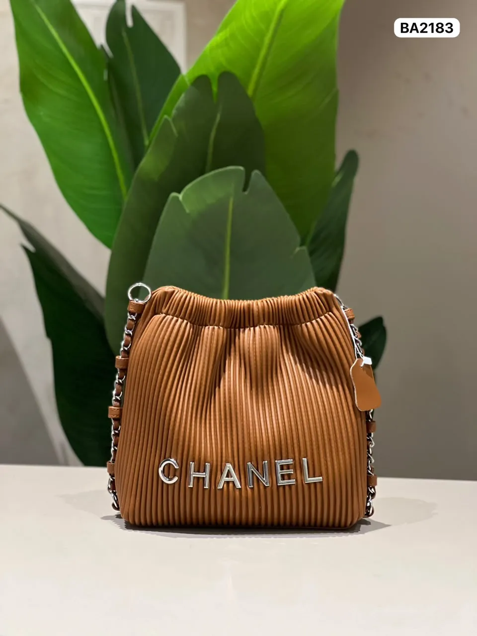 Pleated Bucket Bag in Cognac