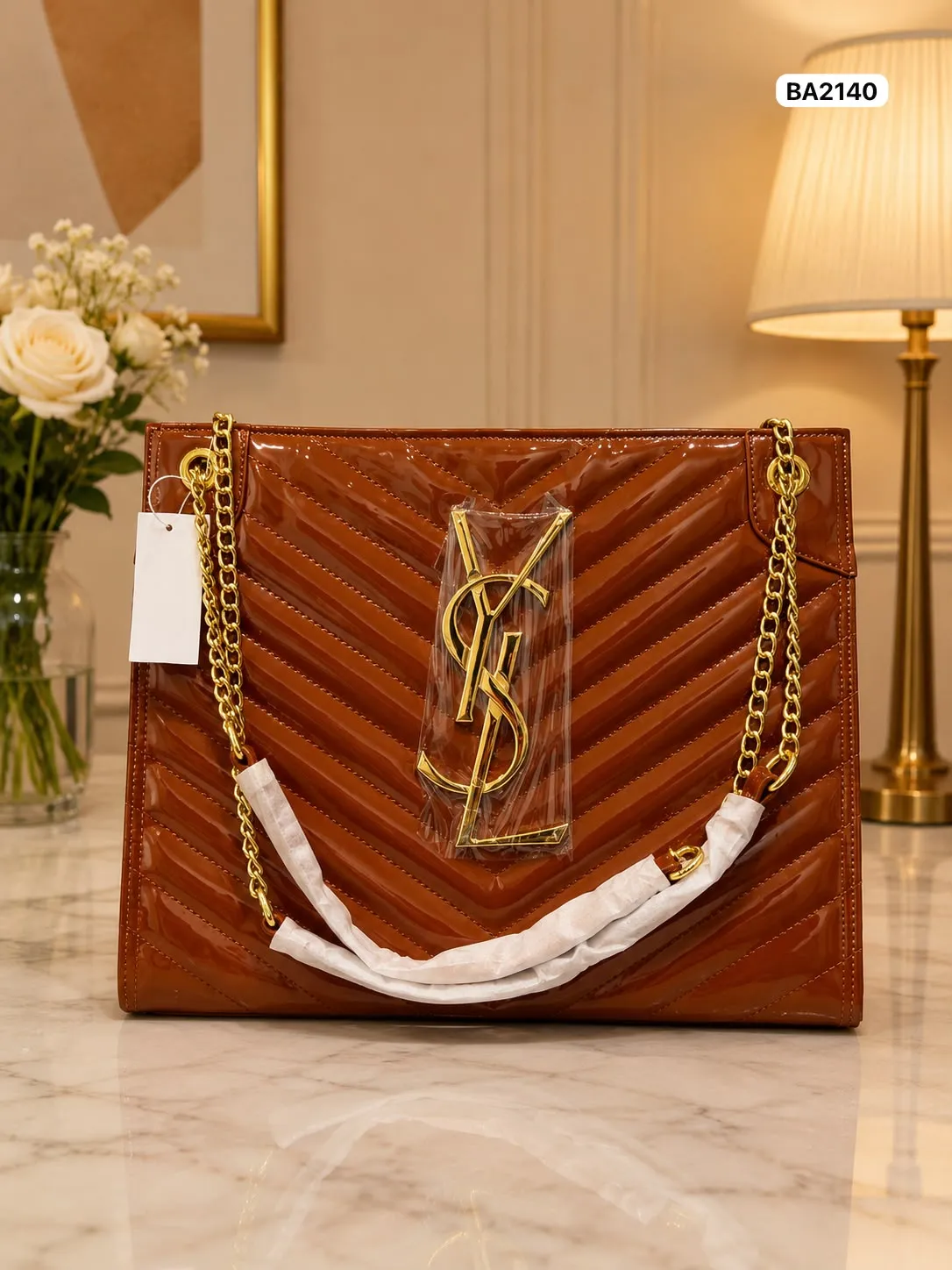 Chevron Chain Tote in Cognac