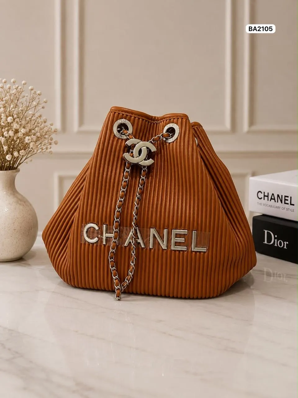 Pleated Drawstring Bucket in Cognac