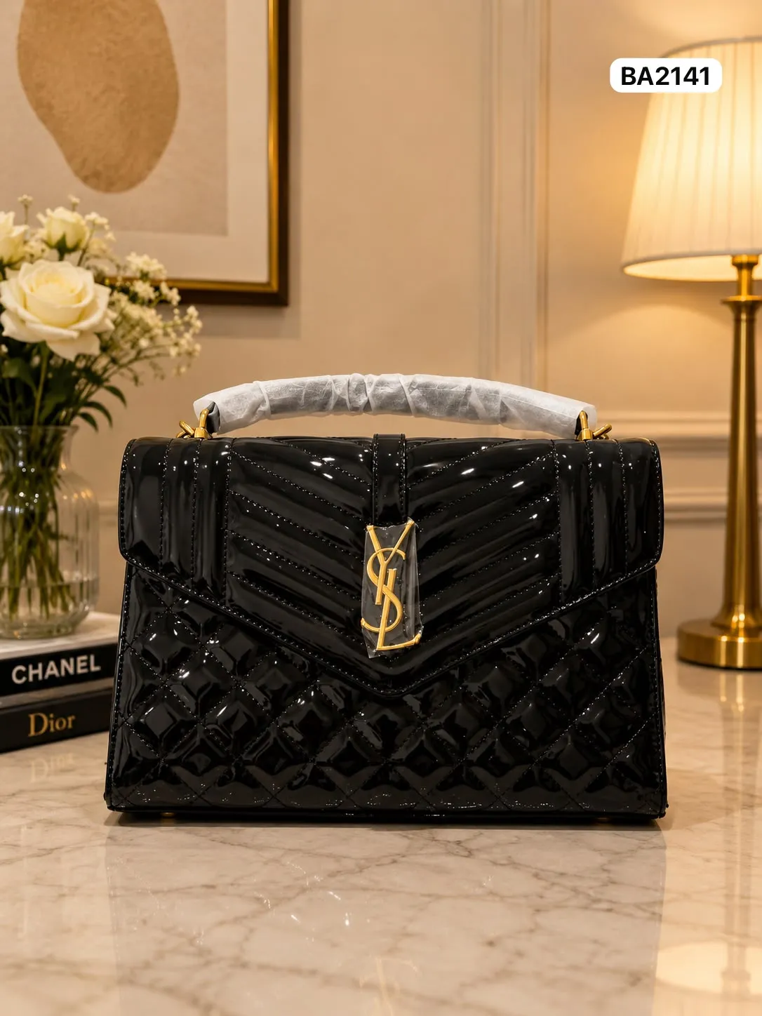 Chevron Flap Bag in Black Patent