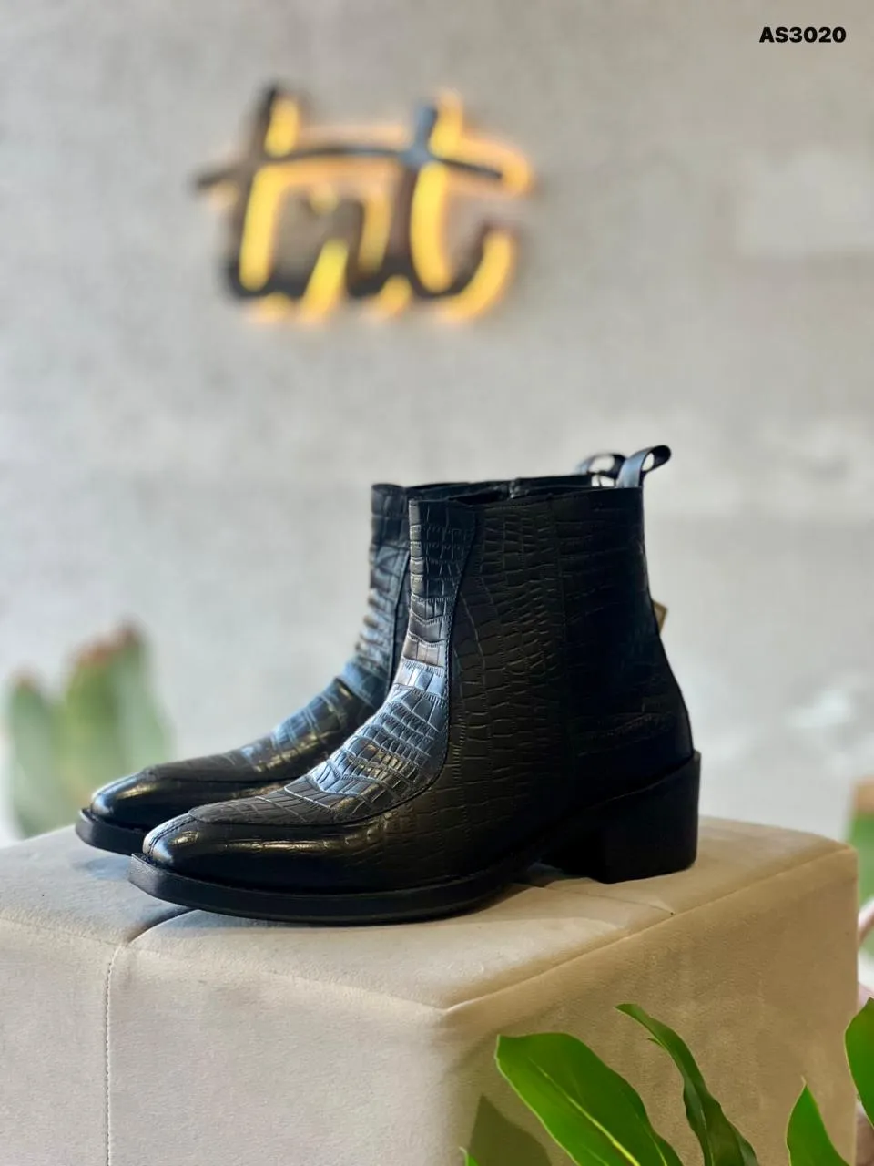 Croc-Embossed Zip Boot in Black (AS3020)