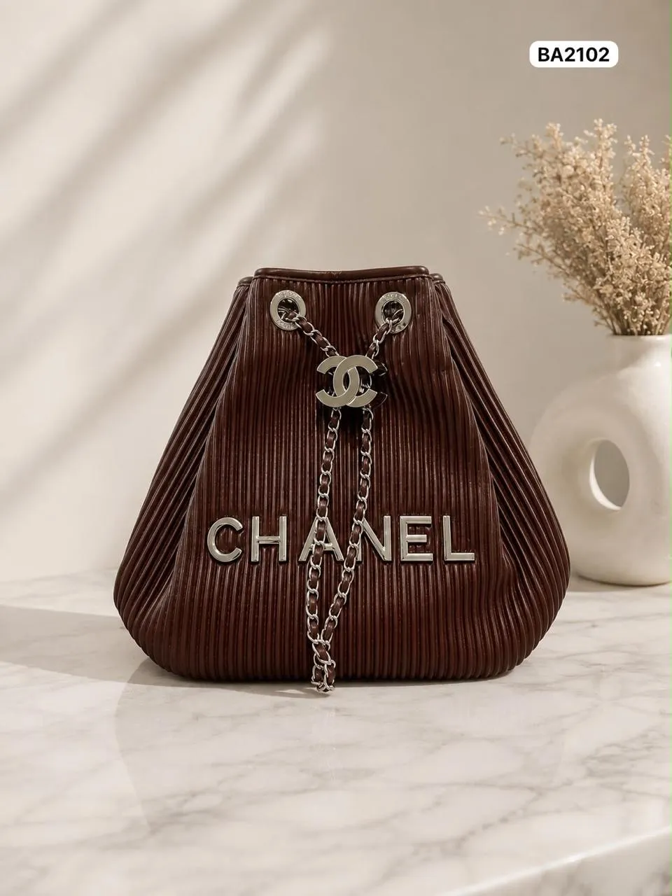 Pleated Drawstring Bucket in Chocolate