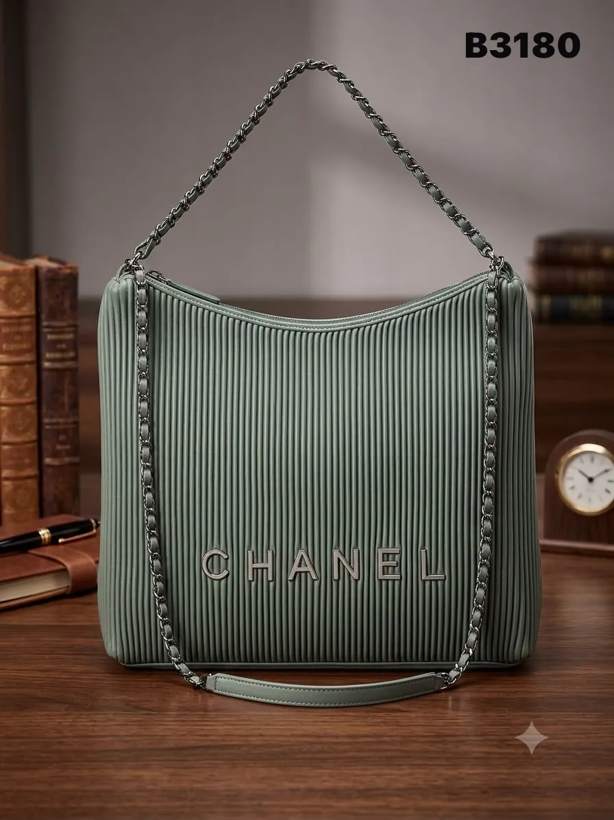 Pleated Chain Shoulder Bag in Sage