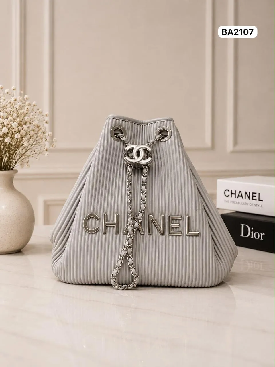 Pleated Drawstring Bucket in Grey