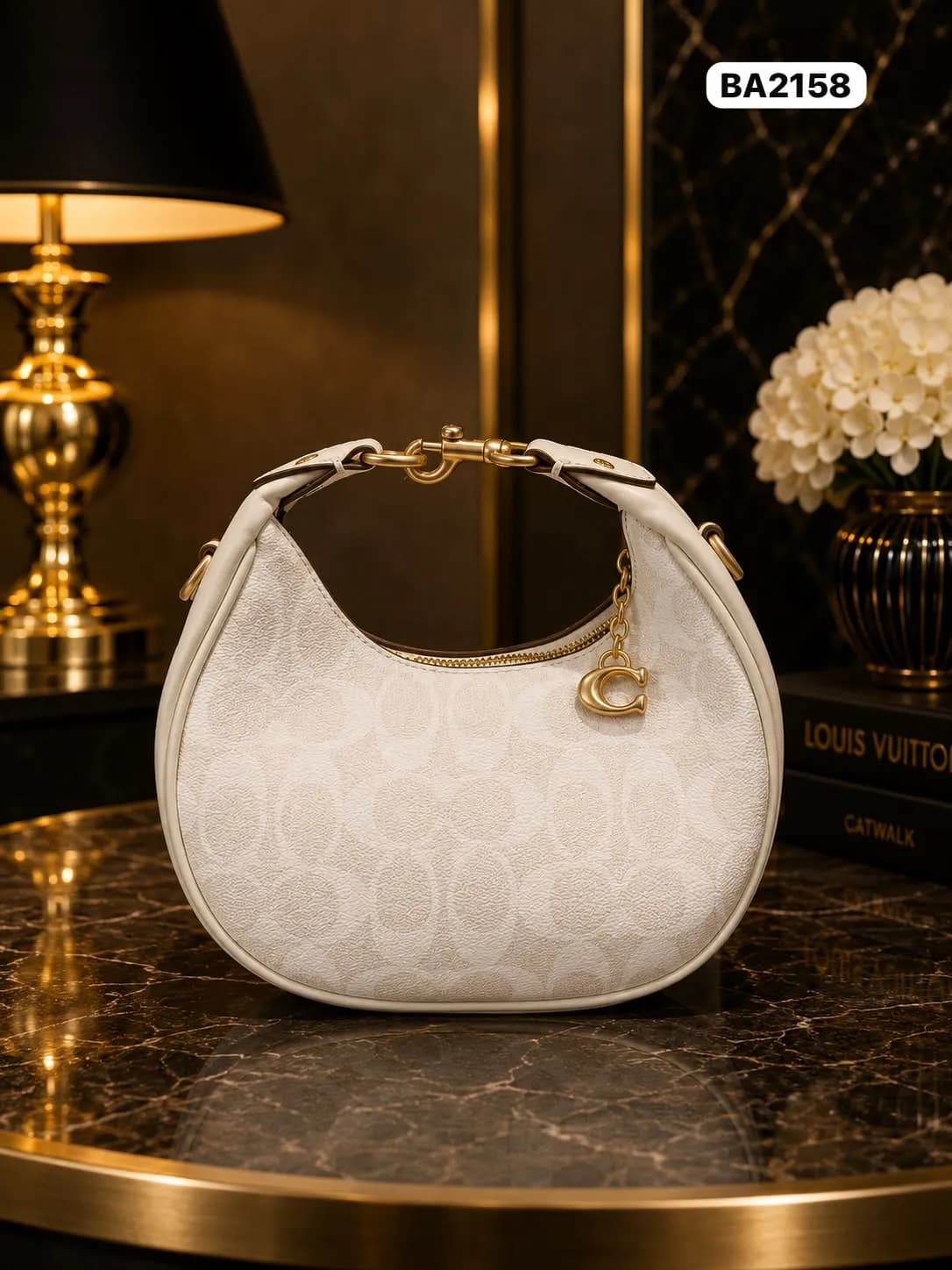 Crescent Hobo in Cream Monogram