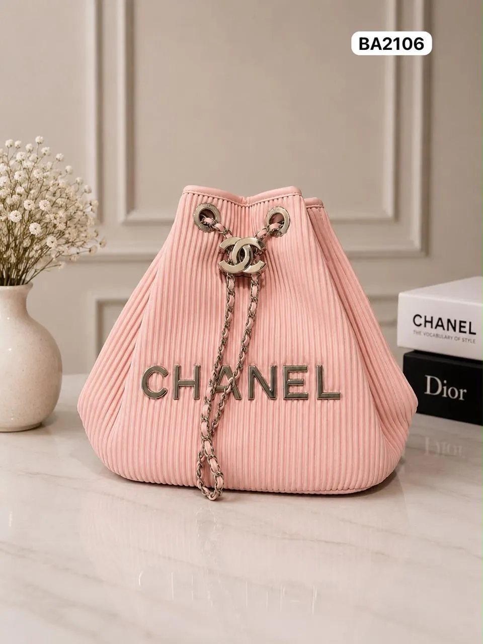 Pleated Drawstring Bucket in Pink