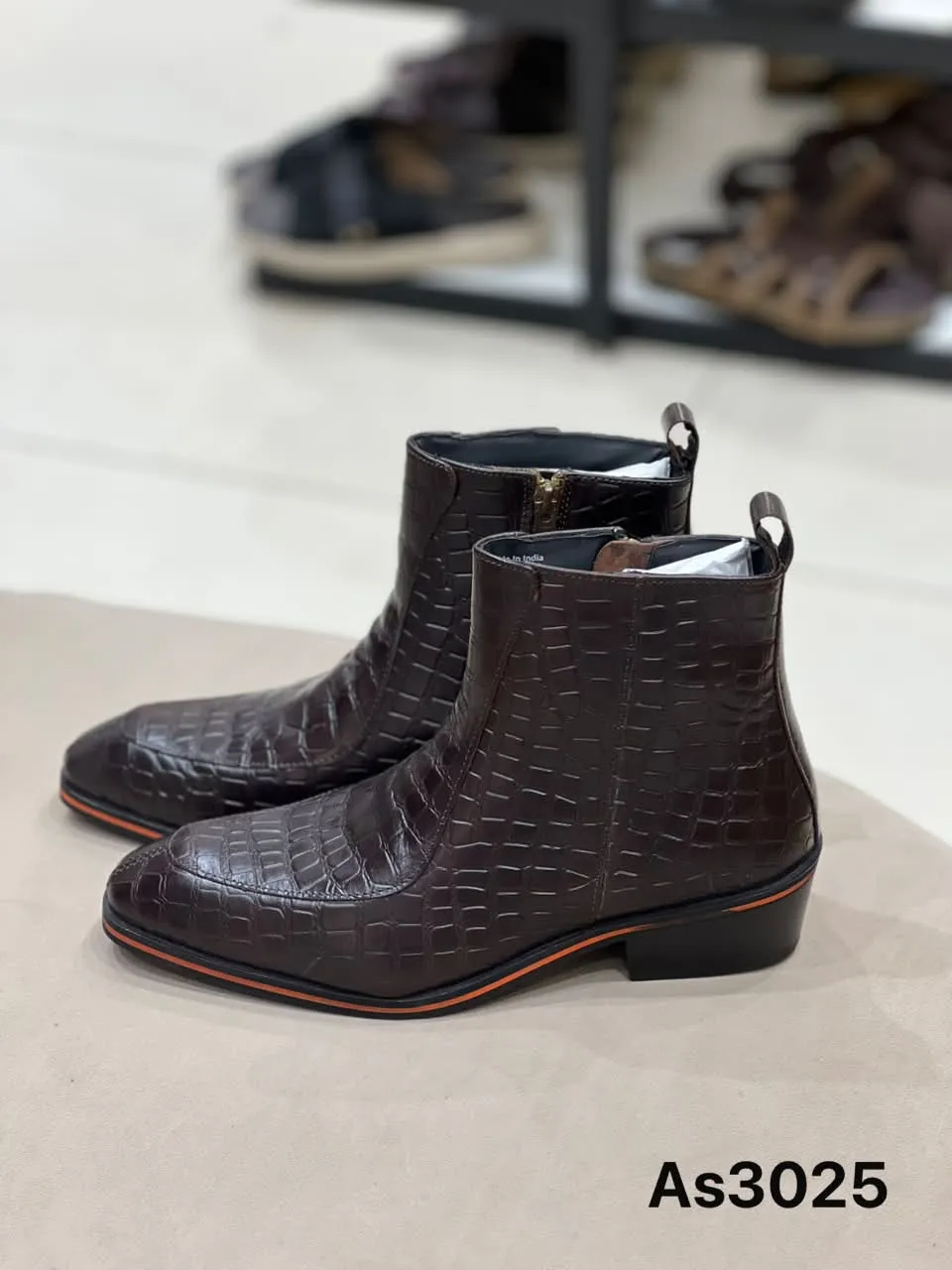 Croc-Embossed Zip Boot in Brown
