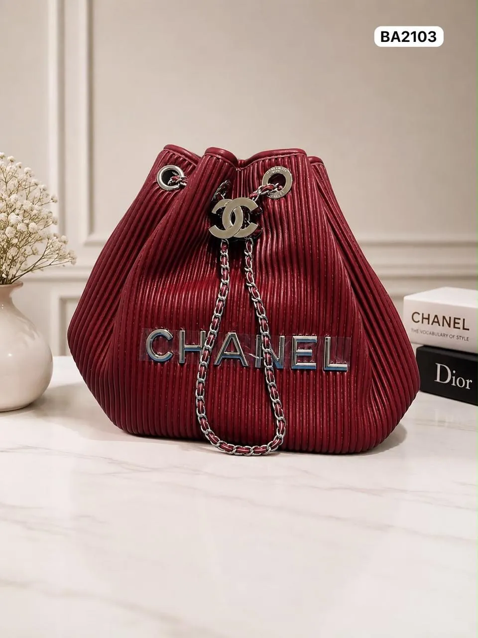 Pleated Drawstring Bucket in Wine