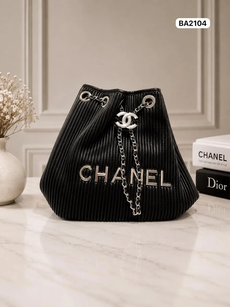 Pleated Drawstring Bucket in Black