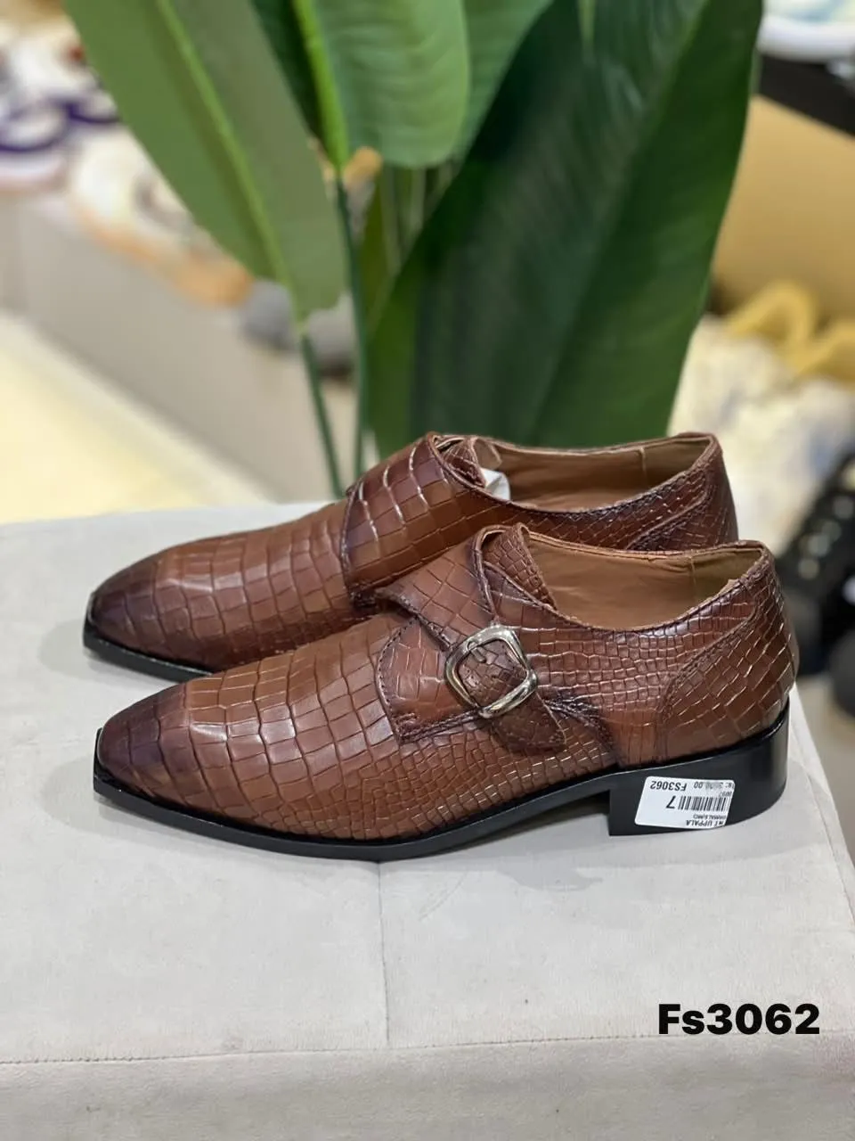 Croc-Embossed Monk Strap in Brown