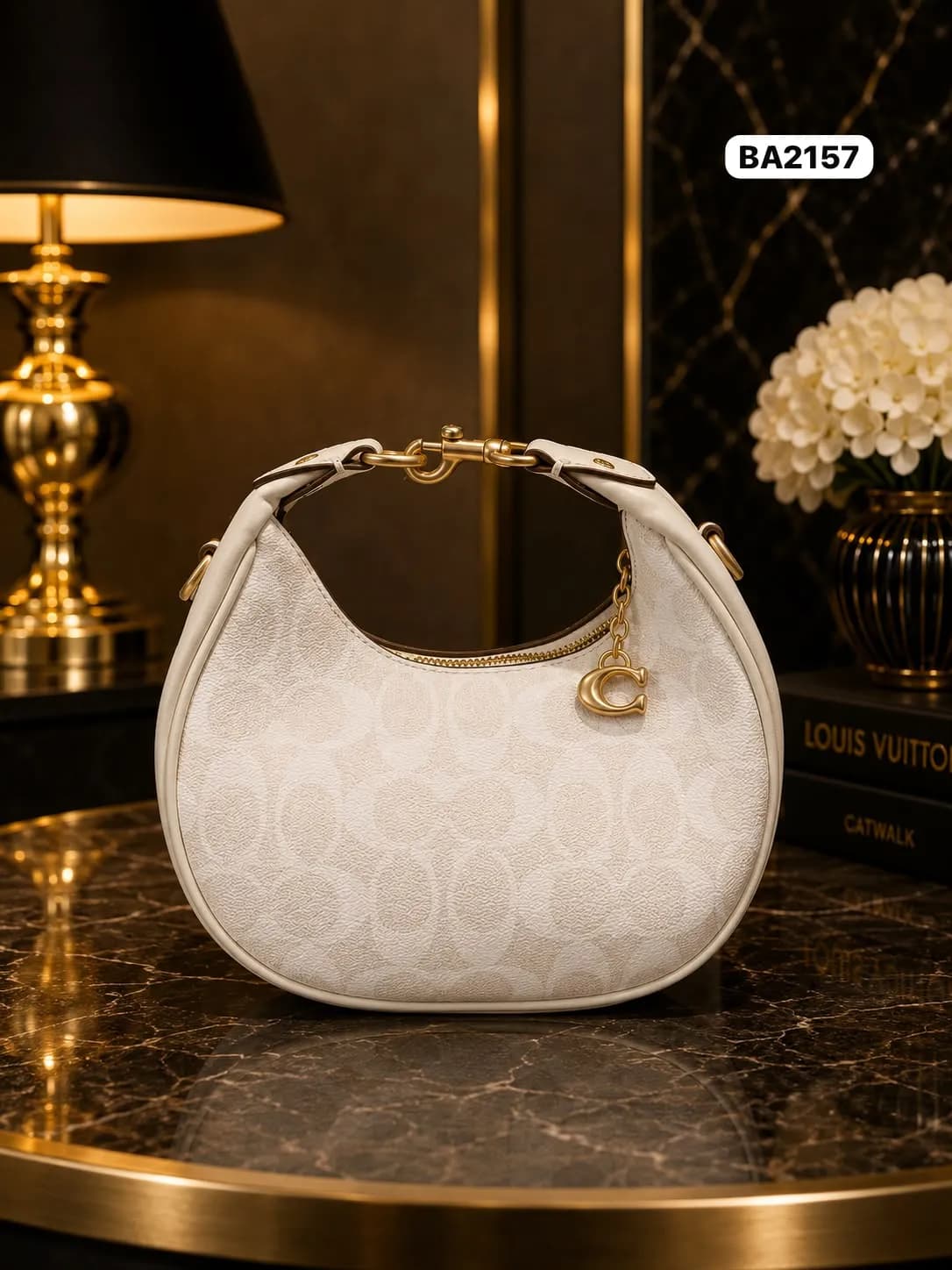 Crescent Hobo in White Monogram