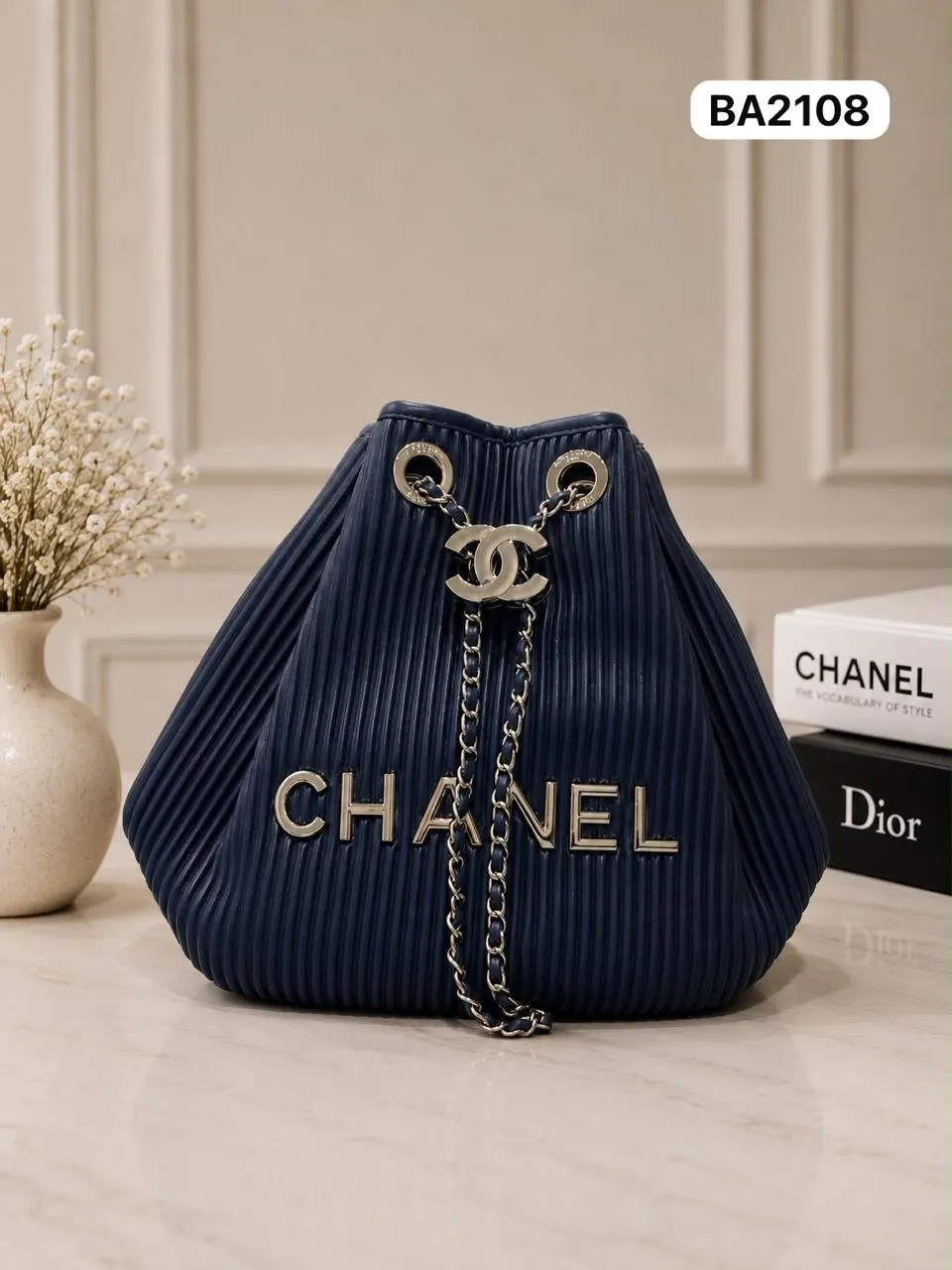 Pleated Drawstring Bucket in Navy