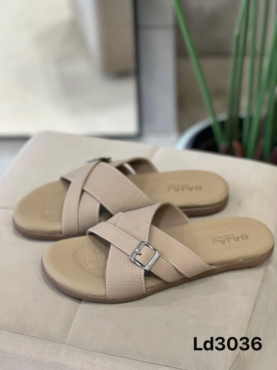 Cross-Strap Flat Slide in Beige