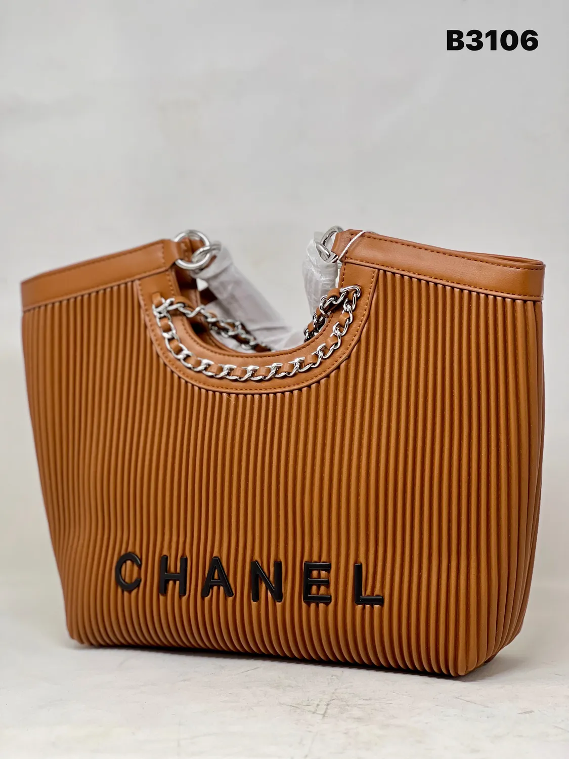 Pleated Chain Tote in Tan